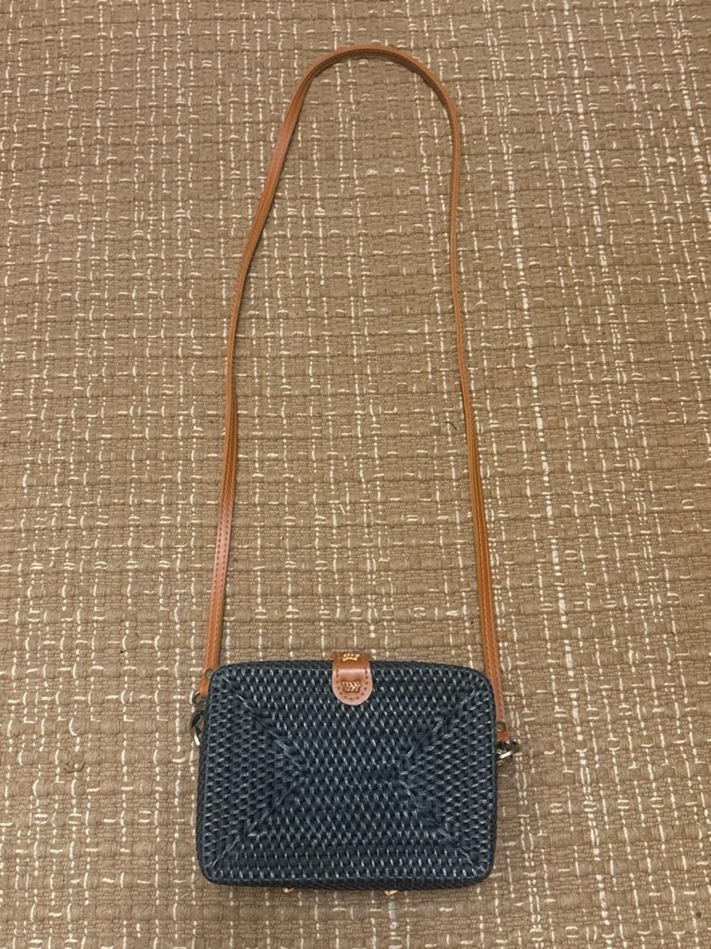 Anthropologie black  Woven Crossbody with Tan Strap and Leather Trim